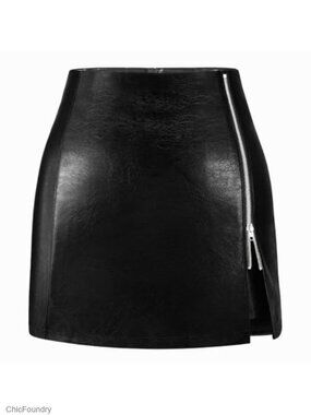 Faux Leather Mini Skirt High Waisted Zipper Slit Bodycon Pencil